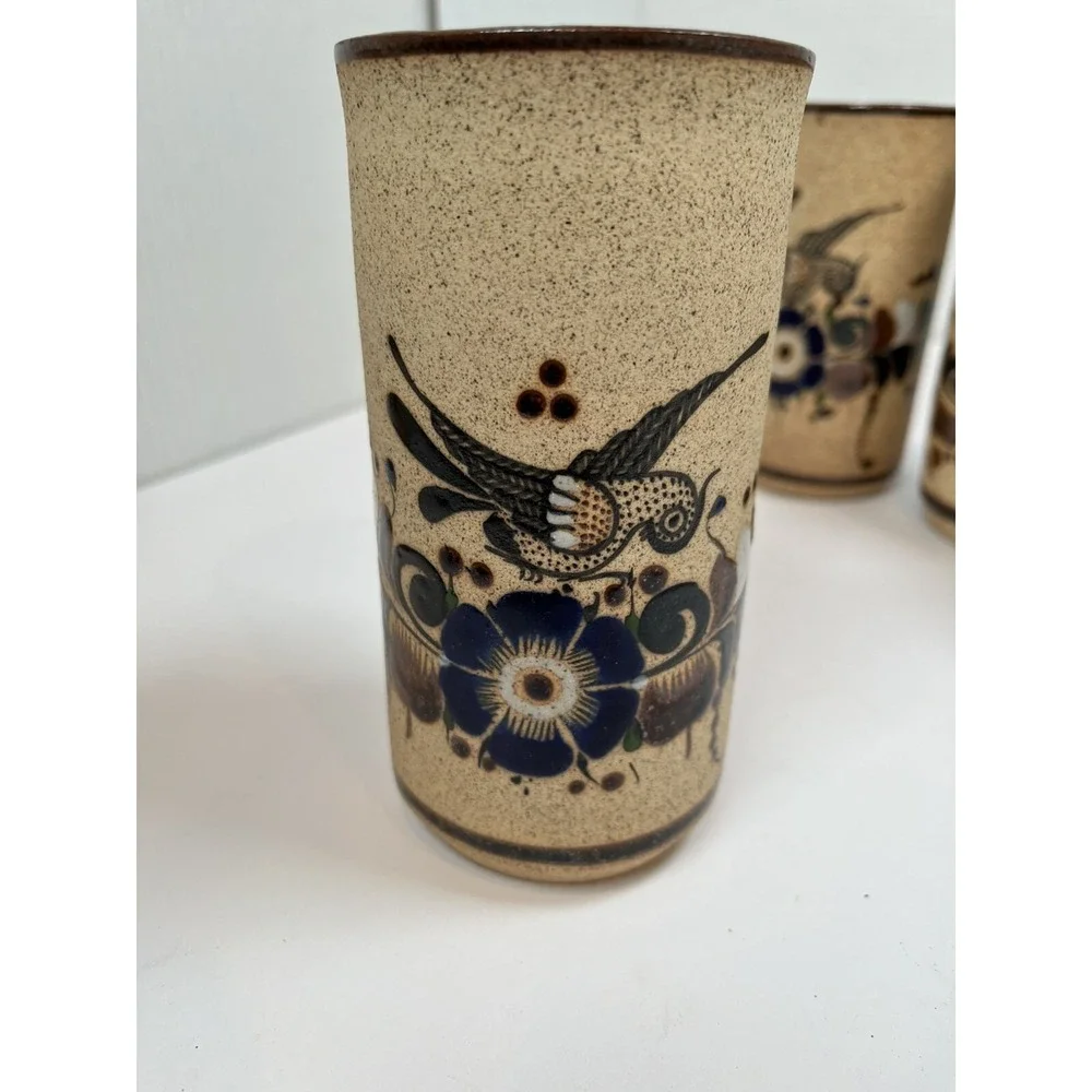 Tonala Pottery Cups Painted Blue Flowers Bird Stone Ware Lot Of 5 Netzi Mexico - Picture 7 of 16